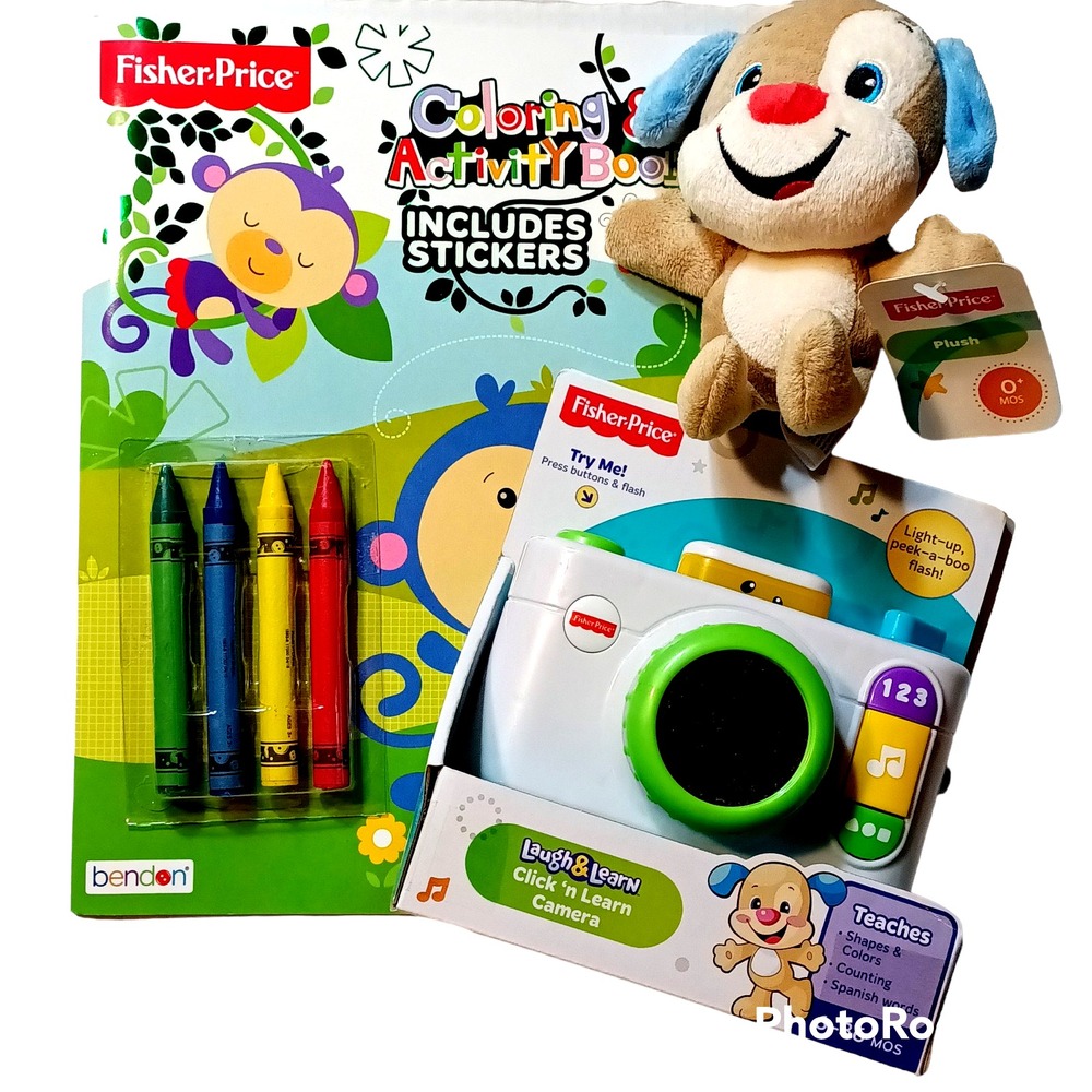 Fisher-Price LOT Coloring/Activity Book, Click n Learn Camera, Stuffed Dog Plush